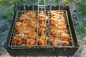 kryddad marinerad kyckling vingar och ben på grill och på en sommar utegrill. foto