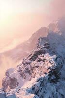 ai genererad majestätisk bergen täckt i snö, upplyst förbi en värma solnedgång, omgiven förbi en mystisk dimmig atmosfär. foto