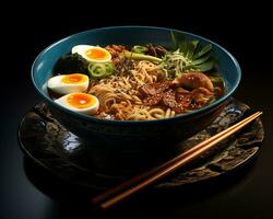 ai genererad en skål fylld med spaghetti och ägg, i de stil av japansk-inspirerad bilder foto