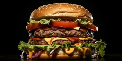 utsökt saftig burger med kött nötkött kotletter, ost, gröna, och sesam utsäde bullar. snabb mat. ai genererad. foto