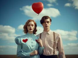 en romantisk par innehar en hjärtformade ballong högt upp mot de bakgrund av de himmel. foto