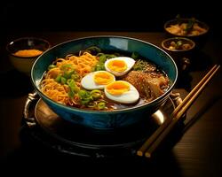 ai genererad en skål fylld med spaghetti och ägg, i de stil av japansk-inspirerad bilder foto