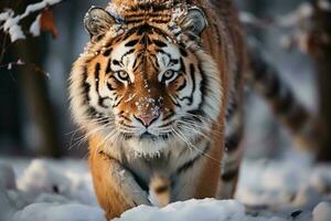 ai genererad en kraftfull tiger med slående Ränder rör sig graciöst genom en snöig skog, dess päls dammat med färsk snöflingor. foto