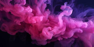 ai genererad lila-rosa fluffig pastell bläck rök på en mörk bakgrund. genererad förbi artificiell intelligens. foto