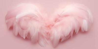 ai genererad ljus rosa fjäder vingar på en rosa bakgrund. firande av hjärtans dag. Amor. genererad förbi artificiell intelligens. foto