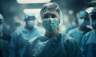ai genererad porträtt av en kvinna kirurg läkare i en medicinsk mask i de sjukhus. skapas med generativ ai. foto