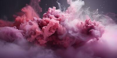 ai genererad rosa lila fluffig pastell bläck rök på en mörk bakgrund. genererad förbi artificiell intelligens. foto