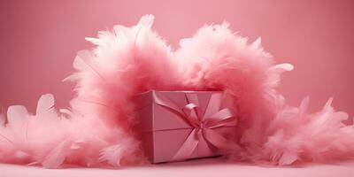 ai genererad en rosa gåva låda och en befjädrad hjärta Bakom den på en rosa bakgrund. hjärtans dag firande. genererad förbi artificiell intelligens. foto