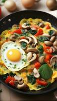 ai genererad omelett med grönsaker, vispa tillsammans ägg och fylla med sauteed grönsaker sådan som klocka paprika, lök, spenat, och svamp, bakgrund bild foto