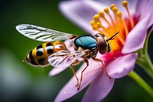 ai genererad zoom i på en hoverfly vilar på en blomma, highlighting de detaljer av dess transparent vingar och hårig kropp, bakgrund bild, generativ ai foto