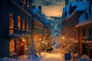 ai genererad en snöig gata i de stad på natt foto