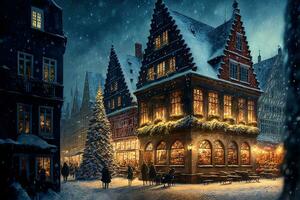 ai genererad en målning av en jul scen i en europeisk stad foto