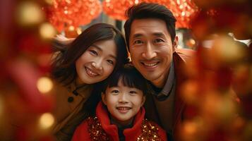 ai genererad Lycklig asiatisk familj fira kinesisk ny år utomhus foto