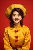 ai genererad studio porträtt av Lycklig ung asiatisk kvinna ha på sig traditionell kinesisk kostym på röd bakgrund, Lycklig kinesisk ny år. foto