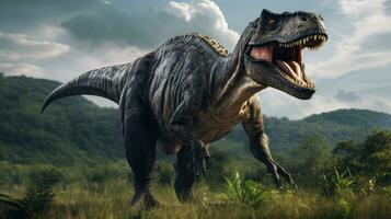 ai genererad tyrannosaurus rex i de grön förhistorisk djungel skog. t Rex de jakt dinosaurier är en stor köttätande dinosaurie den där levde i de sent cretaceous period foto