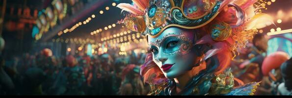 ai genererad kvinna fira karneval fest. kvinna med karneval mask i kostym, karneval festival foto