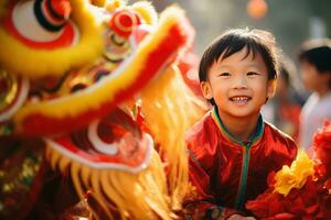 ai genererad Lycklig asiatisk unge fira kinesisk ny år utomhus foto