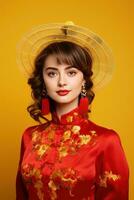 ai genererad studio porträtt av Lycklig ung europeisk kvinna ha på sig traditionell kinesisk kostym på gul bakgrund. Lycklig kinesisk ny år foto