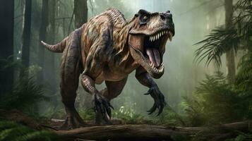 ai genererad tyrannosaurus rex i de grön förhistorisk djungel skog. t Rex de jakt dinosaurier är en stor köttätande dinosaurie den där levde i de sent cretaceous period foto