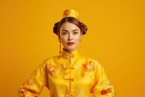ai genererad Lycklig ung europeisk kvinna ha på sig traditionell kinesisk kostym på studio bakgrund, Lycklig kinesisk ny år foto