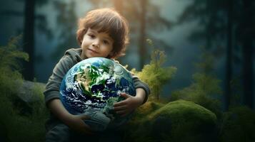 ai genererad Lycklig unge kramas planet jorden. pojke fattande klot jord för värld skydd, jord dag, värld miljö dag, spara th värld. noll kol dioxid utsläpp foto