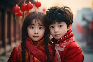 ai genererad Lycklig asiatisk barn fira kinesisk ny år utomhus foto
