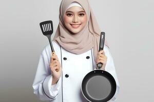 ai genererad ett asiatisk kvinna kock i en hijab innehav en spatel på en vit bakgrund foto