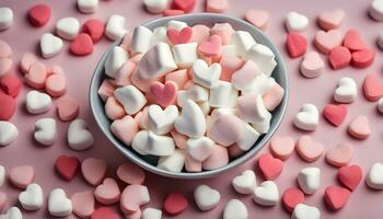 ai genererad en skål av marshmallows med hjärtan på topp foto