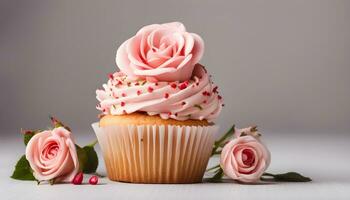 ai genererad muffin med rosa glasyr och ro på en vit bakgrund foto