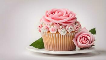 ai genererad muffin med rosa ro på vit tallrik foto