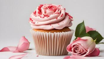 ai genererad en muffin med rosa glasyr och rosa ro foto