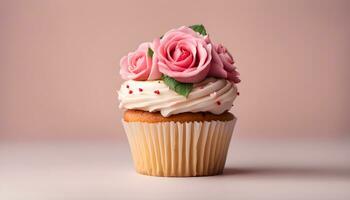 ai genererad muffin med rosa ro på en rosa bakgrund foto