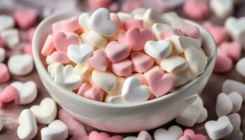 ai genererad en skål av marshmallows med hjärtan i dem foto