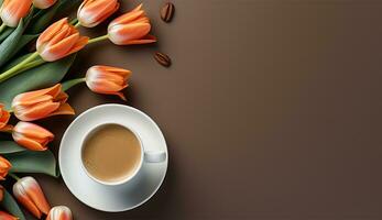 ai genererad platt lägga kaffe kopp med tulpan blomma bakgrund foto