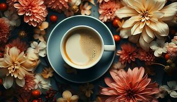 ai genererad platt lägga kaffe kopp på tulpan blomma foto