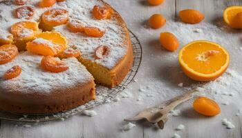 ai genererad en kaka med pulveriserad socker och apelsiner på en trä- tabell foto