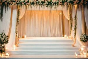 ai genererad en bröllop ceremoni med ljus och blommor foto