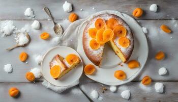ai genererad en kaka med orange skivor på topp och en tallrik med orange skivor foto