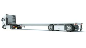 lastbil med lowboy platt säng trailer 3d tolkning på vit bakgrund foto