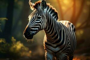 ai genererad zebror skönhet en detaljerad porträtt mot de bakgrund av de skog foto