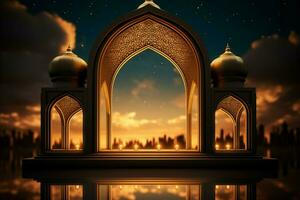 ai genererad strålnings ramadan kareem hälsningar med lykta, moské, och fönster foto