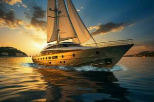 ai genererad Yacht glider genom de gyllene nyanser av en solnedgång, symboliserande lyx och elegans foto