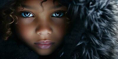 ai genererad närbild av en ung svart flicka i en lyxig päls huvor täcka. ai generativ. foto