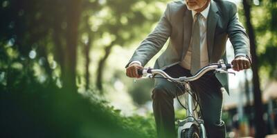 ai genererad dapper herre cykling i stad. ai generativ. foto