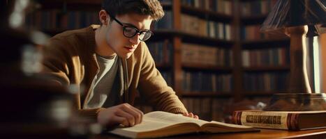 ai genererad ung man i glasögon djupt uppslukad i en bok, i en bibliotek. ai generativ. foto