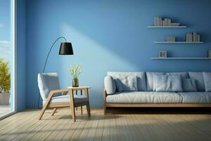 ai genererad Hem interiör levande rum designad med en lugnande blå tona foto