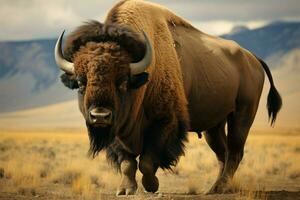 ai genererad stor amerikan bison, en majestätisk växtätare, strövar omkring fritt med imponerande styrka och elasticitet foto