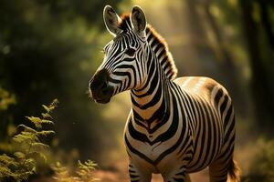 ai genererad naturer kontrast zebror porträtt mot de grönska av de skog foto