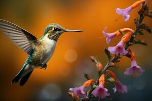 ai genererad kolibrier delikat charm visat upp i en porträtt med vibrerande blommor foto