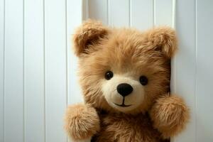 ai genererad lekfull överraskning brun teddy Björn poppar upp från tabell, barndom glädje foto